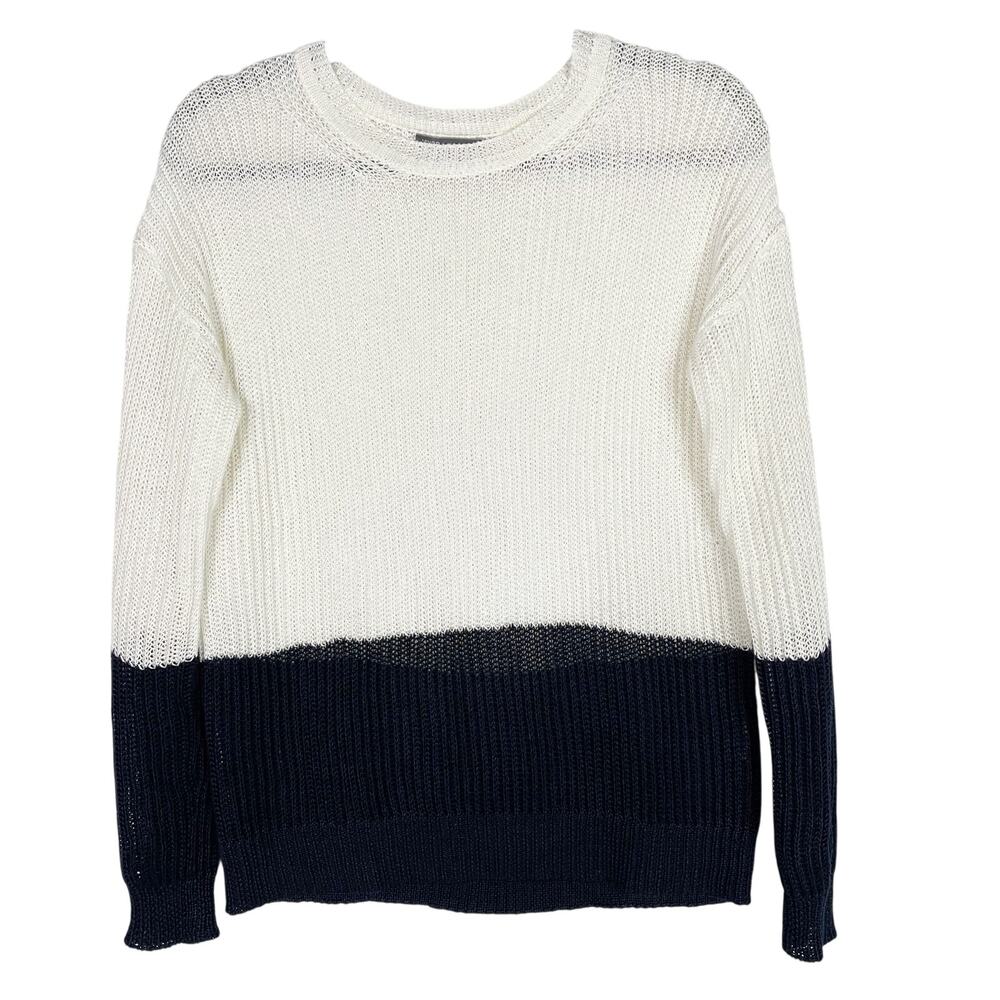 Vince Womens XSmall XS Cream Navy Blue Open Knit Colorblock Sweater Crew Neck